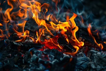A pile of burning wood with a lot of fire. The fire is very hot and is surrounded by ash. Scene is intense and dramatic, as the flames are consuming the wood and creating a sense of danger