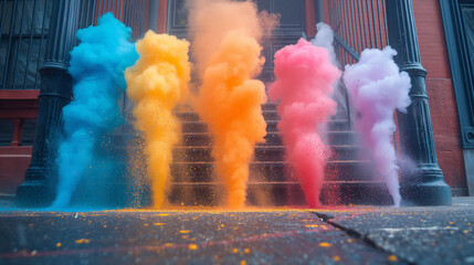 colored smoke in city 