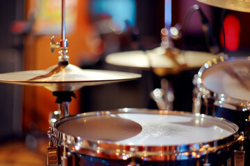 A close up of a drum set with a cymbal on the left and a snare drum on the right. The cymbal is slightly tilted and the snare drum is slightly tilted as well