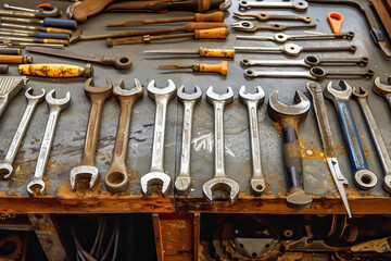 A table full of tools including wrenches and screwdrivers. Scene is that of a workshop or a repair shop