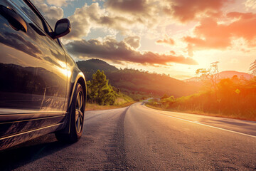 A car is driving down a road with a beautiful sunset in the background. The car is parked on the...
