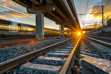 Obraz premium The train tracks are empty and the sun is setting. The sun is shining on the tracks, creating a beautiful and serene atmosphere