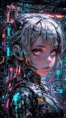 アニメ風女性アンドロイド縦イラスト,Generative AI AI画像