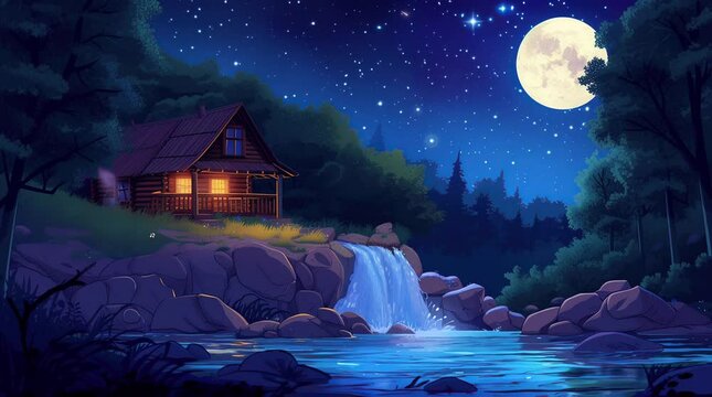Enchanting house by waterfall under the full moon in a serene nocturnal landscape
Seamless looping 4k time-lapse virtual video animation background. Generated AI