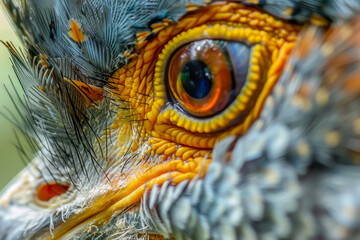 A close up of a bird's eye with a yellow iris. The eye is surrounded by feathers and has a blue hue