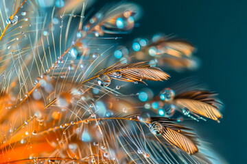 A beautiful, colorful feather with droplets of water on it. The feather is surrounded by a blue background, which adds a sense of calmness and serenity to the scene