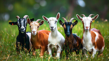 Group Cute Goats Gamboling in Green Pastures . Generative Ai - obrazy, fototapety, plakaty