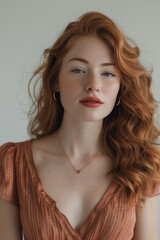 Naklejka premium Portrait of a beautiful red-haired model presenting jewelry.