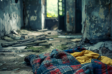 A room with a bed and a blanket on it. The room is dirty and has a lot of debris