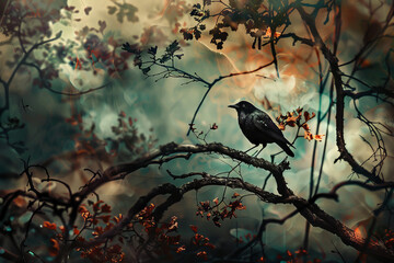 Fototapeta premium A black bird is perched on a branch in a forest. The image has a moody and mysterious feel to it, with the bird being the only visible element. The rest of the scene is filled with trees and foliage