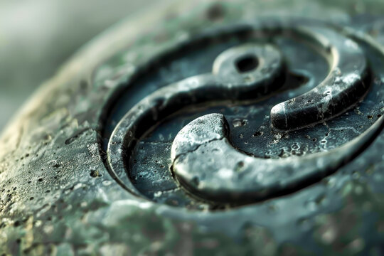A stone with a symbol of a yin and yang on it. The stone is old and has a worn appearance
