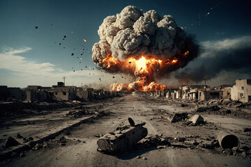 A large bomb explosion is depicted in the sky, with a lot of debris and smoke