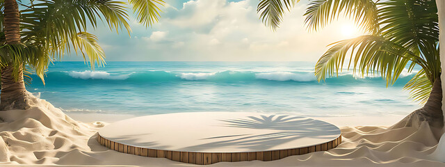  Beach podium summer background sand product 3D sea display platform. Beach podium summer banner stand scene sale sky holiday vacation stage water island sun travel pedestal promotion presentation ad.