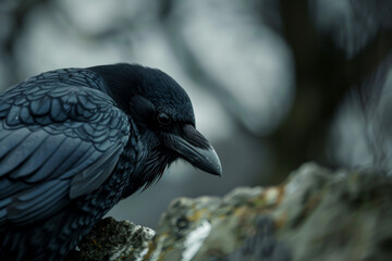 Naklejka premium A black crow is perched on a rock. The bird has a serious expression on its face. The image has a moody and mysterious feel to it