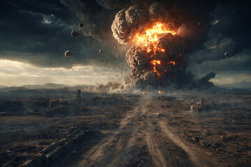 Fototapeta premium A large bomb explosion is depicted in the sky, with a lot of debris and smoke