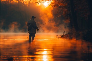Serene Morning Fishing on a Misty River