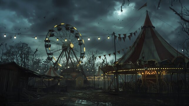 Bring to life a sinister carnival at midnight, with twisted circus performers and a looming Ferris wheel against the backdrop of a starless sky, portrayed in a captivating mixture of photorealistic da