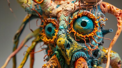 Craft a clay sculpture of a fantastical, dystopian creature emerging from the depths, viewed from a worms-eye perspective, with intricate details and vibrant colors to highlight the blend of surrealis