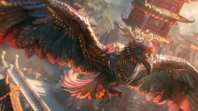 Immerse the viewer in a surreal world where mythical beings are seamlessly integrated with advanced technology through photorealistic digital rendering Explore creative possibilities with vivid colors