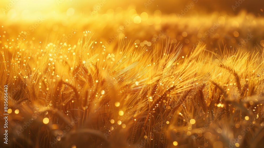 Poster a field of golden wheat with a bright sun shining on it. the sun's rays create a sparkling effect on