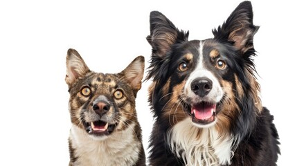 Grey striped tabby cat and a border collie dog with happy expression together isolated on white, banner framed looking at the camera