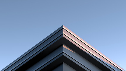 Corner of a concrete structure, an architectural modern building. Concrete, metal structure, banner.3D render