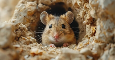 Intrigued Mouse Peering Through Wall: Intense Curiosity. Generated by AI