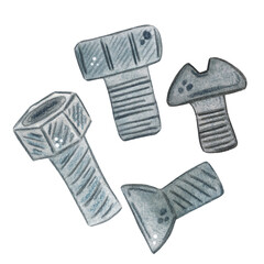 Set of bolts, fastening, mechanism part. Watercolor illustration in children's style, hand-drawn. Blank for postcards, puzzles, diagrams. nut, rivet, bolt, screw, fastening, detail, mechanism, cartoon