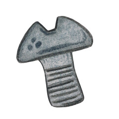 Bolts on a white background, fastening element. Watercolor illustration in children's style, hand-drawn. Blank for postcards, puzzles, diagrams. nut, rivet, bolt, screw, fastening, detail, mechanism
