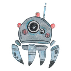 Isolate, cartoon robot crab with light bulbs, antenna. Hand drawn watercolor illustration.