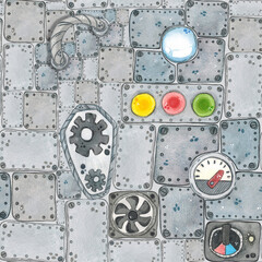 Seamless pattern of metal plates, light bulbs, levers. Watercolor illustration drawn by hand. 