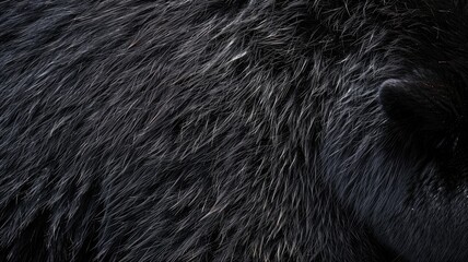 Close-up texture of black animal fur with visible strands and slight sheen