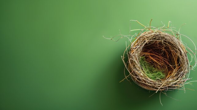 Empty bird's nest made of twigs centered on green background - Powered by Adobe