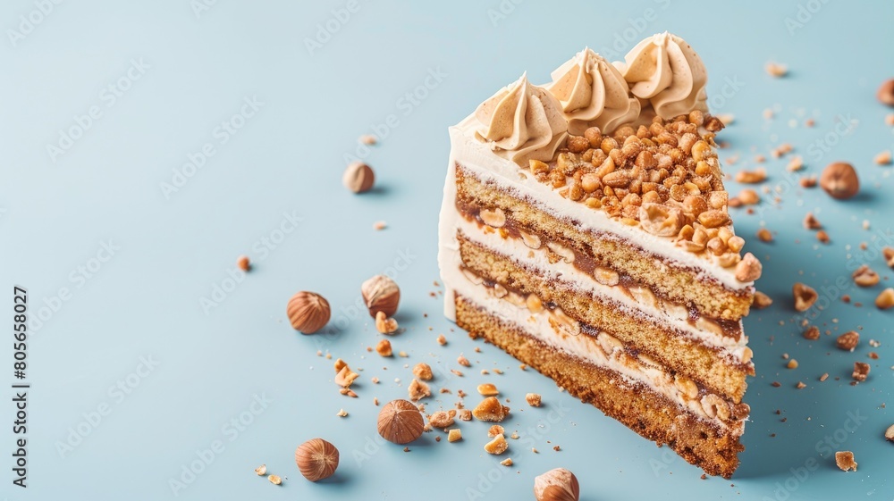 Poster slice of hazelnut cake with cream layers and nuts on blue background
