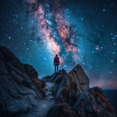 Stargazer on Mountain Path Under Starry Sky