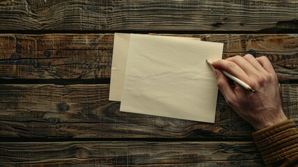 Person writing on blank paper wooden background