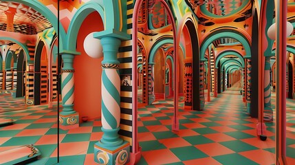 A whimsical, brightly colored funhouse with distorted mirrors.