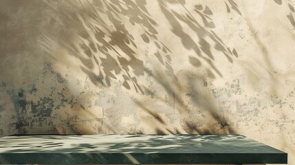 Empty table . Table with sun reflections and leaves shadows on beige wall. Generative Ai