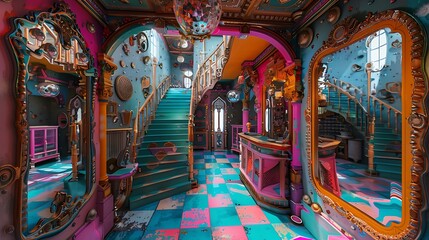 A whimsical, brightly colored funhouse with distorted mirrors.