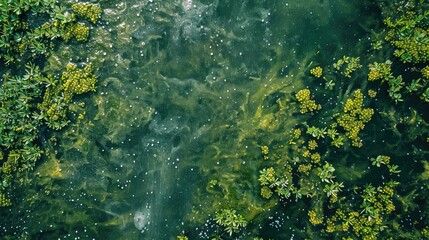 A green pond with lots of plants and algae. The water is murky and the plants are growing in the water