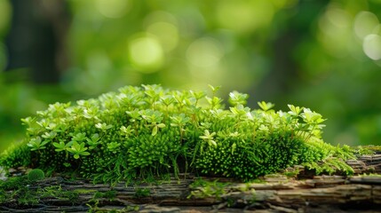 A lush green plant is growing on a log. The plant is full of life and he is thriving in its natural environment. Concept of peace and tranquility, as the plant seems to be at home in its surroundings - Powered by Adobe