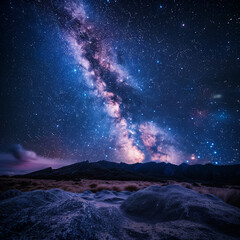 Starry Night Sky Over Mountainous Landscape