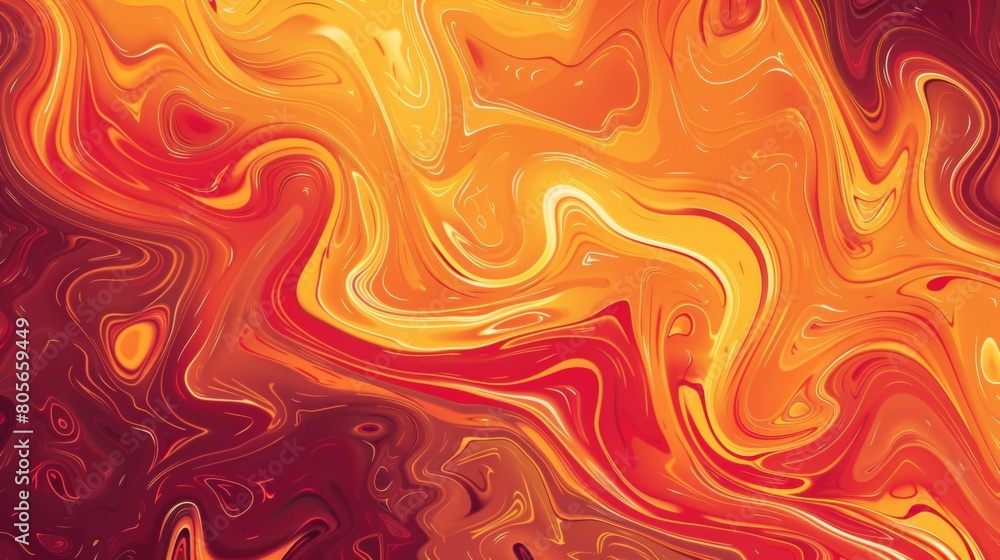 Poster a background of orange and red, featuring swirling patterns reminiscent of lava flow in an abstract 