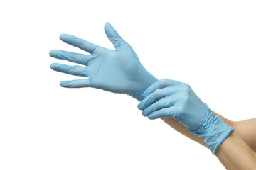 Doctor wearing light blue medical gloves on white background, closeup