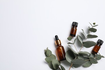 Aromatherapy. Bottles of essential oil and eucalyptus branches on white background, flat lay. Space...