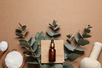Different aromatherapy products and eucalyptus branches on brown background, flat lay