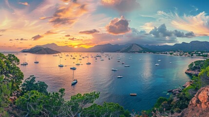 Majorca Panorama, beautiful seascape bay with luxury yachts at the coast of Santa Ponsa, Mallorca Mediterranean Sea, Balearic Islands