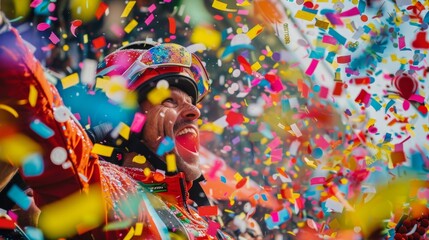 The winning racer panting and exhilarated is showered in bright confetti as the crowd erupts in applause.