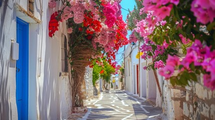 Naxos, Greece, May 20, 2017: Typical Greek street with summer flowers. Naxos island. Cyclades. Greece - obrazy, fototapety, plakaty