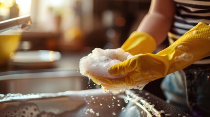 Hands of woman, gloves and washing dishes in kitchen, brush chores and house work, cleaner service and home care, Cleaning, soap and water, housekeeper working in apartment with dirt and foam at - obrazy, fototapety, plakaty